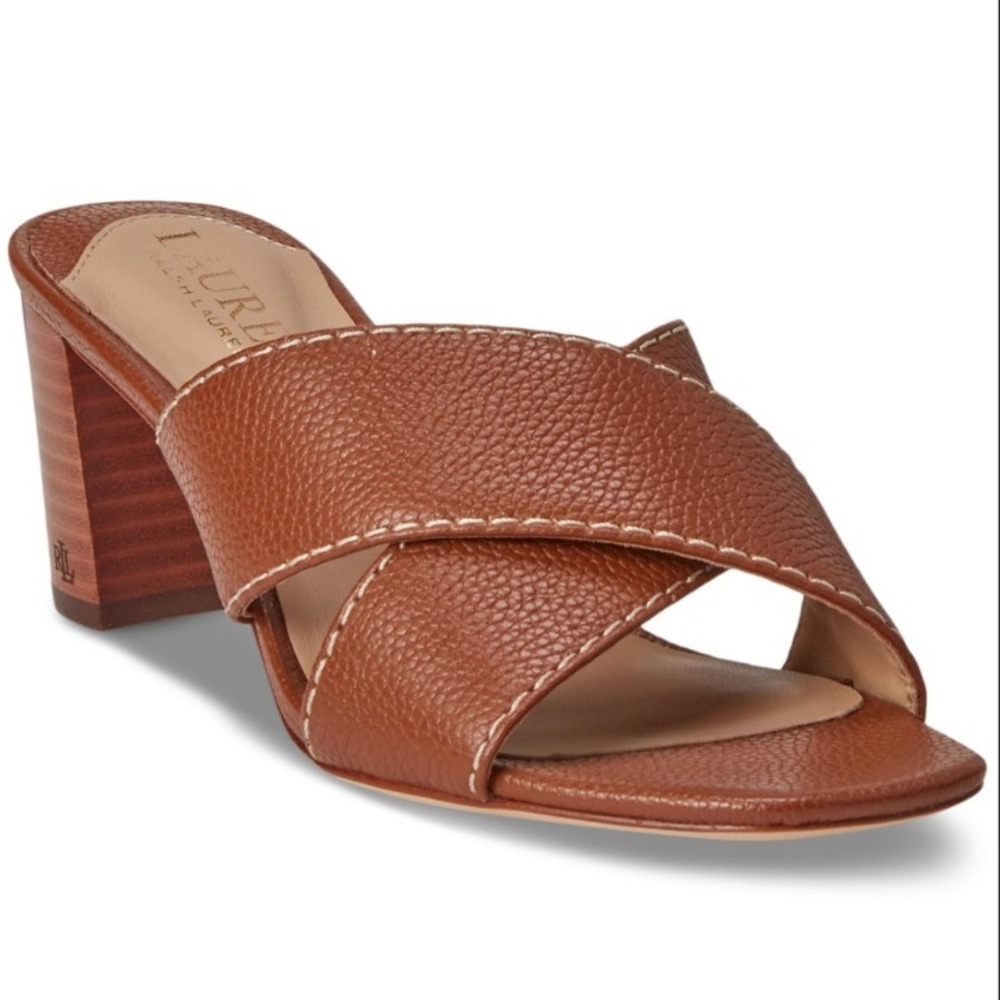 LAUREN Ralph Lauren Women's Brown Leather Slip On Strappy Freddi Sandal- Size 7B